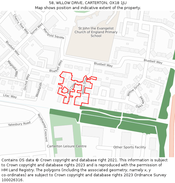 58, WILLOW DRIVE, CARTERTON, OX18 1JU: Location map and indicative extent of plot