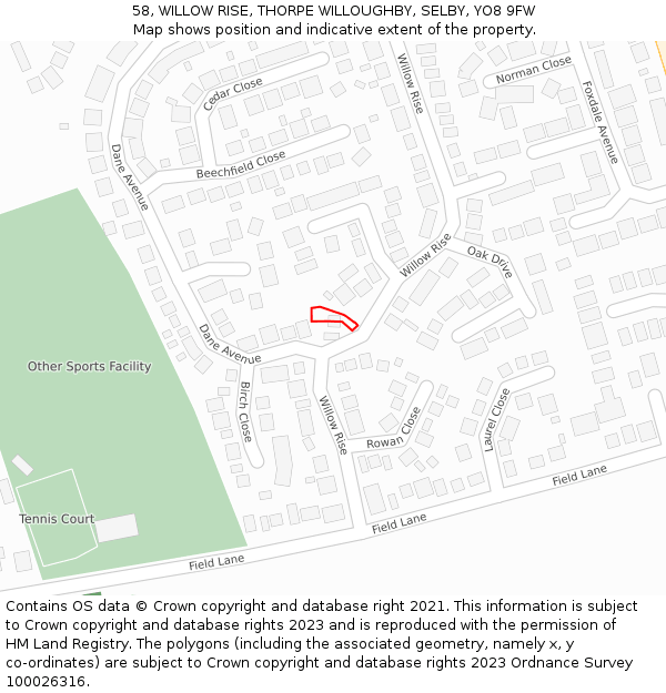 58, WILLOW RISE, THORPE WILLOUGHBY, SELBY, YO8 9FW: Location map and indicative extent of plot