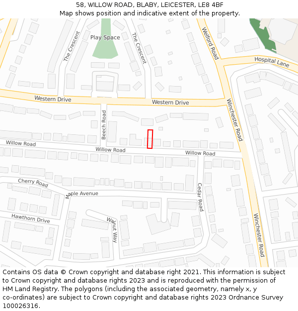 58, WILLOW ROAD, BLABY, LEICESTER, LE8 4BF: Location map and indicative extent of plot