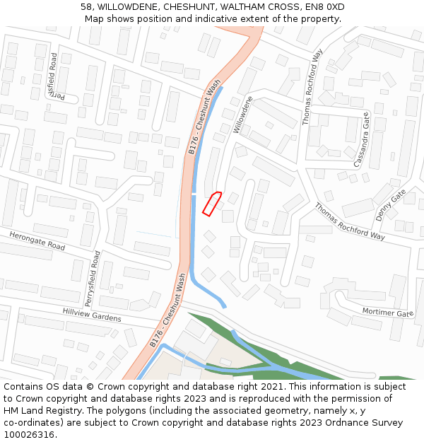 58, WILLOWDENE, CHESHUNT, WALTHAM CROSS, EN8 0XD: Location map and indicative extent of plot