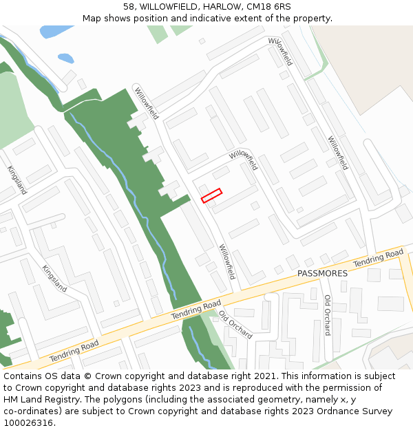 58, WILLOWFIELD, HARLOW, CM18 6RS: Location map and indicative extent of plot