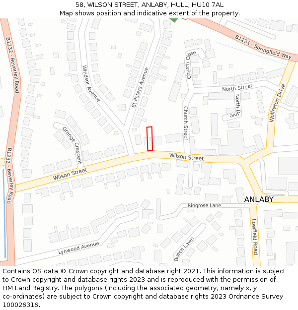 58, WILSON STREET, ANLABY, HULL, HU10 7AL: Location map and indicative extent of plot