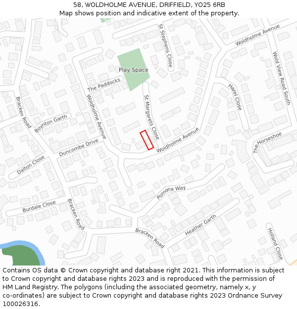 58, WOLDHOLME AVENUE, DRIFFIELD, YO25 6RB: Location map and indicative extent of plot