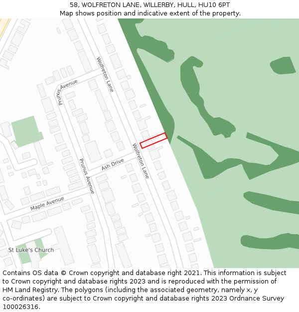 58, WOLFRETON LANE, WILLERBY, HULL, HU10 6PT: Location map and indicative extent of plot