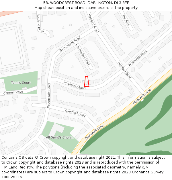 58, WOODCREST ROAD, DARLINGTON, DL3 8EE: Location map and indicative extent of plot