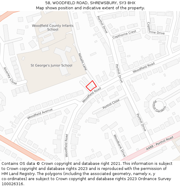 58, WOODFIELD ROAD, SHREWSBURY, SY3 8HX: Location map and indicative extent of plot