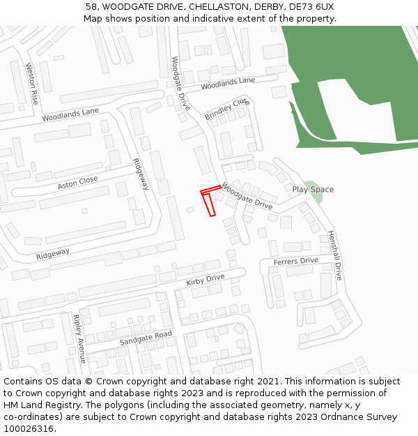 58, WOODGATE DRIVE, CHELLASTON, DERBY, DE73 6UX: Location map and indicative extent of plot