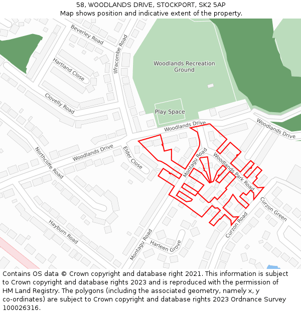 58, WOODLANDS DRIVE, STOCKPORT, SK2 5AP: Location map and indicative extent of plot