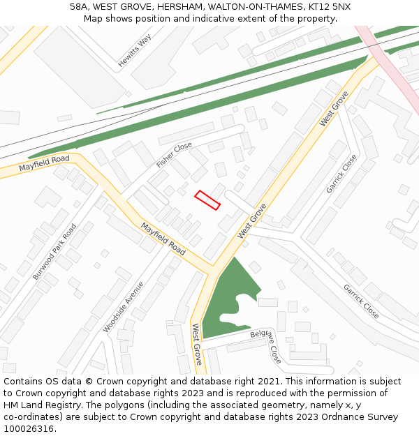 58A, WEST GROVE, HERSHAM, WALTON-ON-THAMES, KT12 5NX: Location map and indicative extent of plot