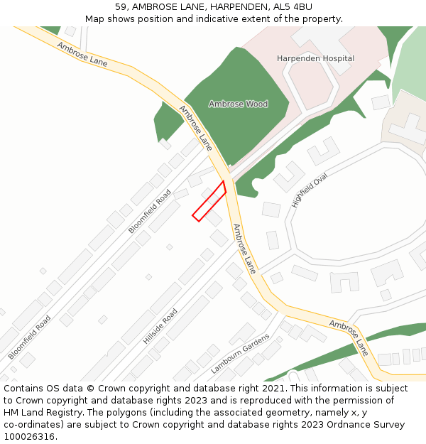 59, AMBROSE LANE, HARPENDEN, AL5 4BU: Location map and indicative extent of plot