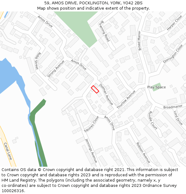 59, AMOS DRIVE, POCKLINGTON, YORK, YO42 2BS: Location map and indicative extent of plot