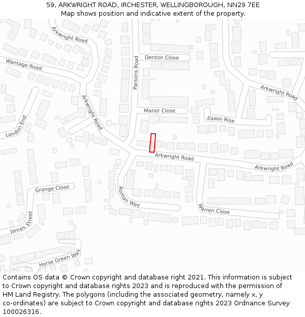 59, ARKWRIGHT ROAD, IRCHESTER, WELLINGBOROUGH, NN29 7EE: Location map and indicative extent of plot