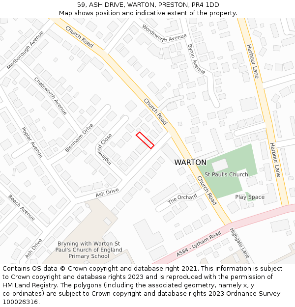 59, ASH DRIVE, WARTON, PRESTON, PR4 1DD: Location map and indicative extent of plot