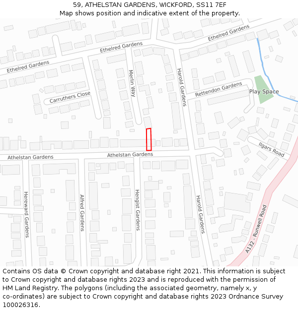 59, ATHELSTAN GARDENS, WICKFORD, SS11 7EF: Location map and indicative extent of plot