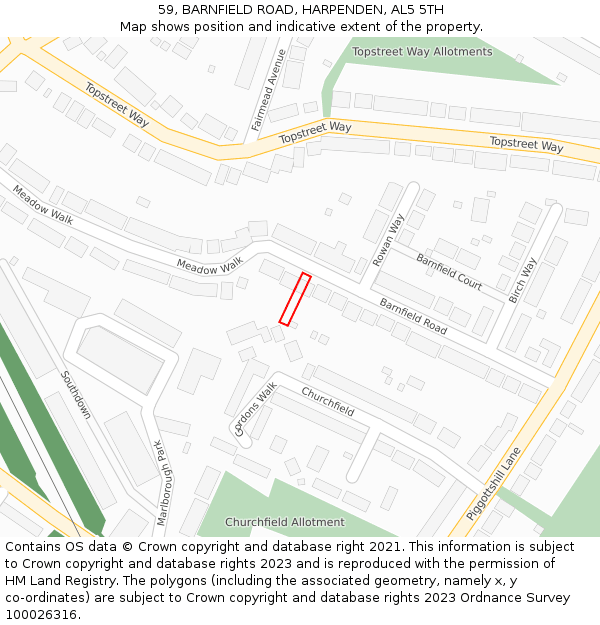 59, BARNFIELD ROAD, HARPENDEN, AL5 5TH: Location map and indicative extent of plot