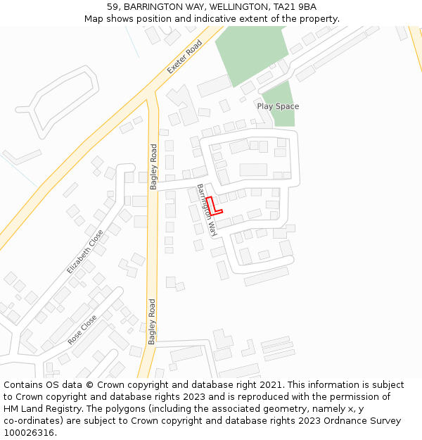 59, BARRINGTON WAY, WELLINGTON, TA21 9BA: Location map and indicative extent of plot