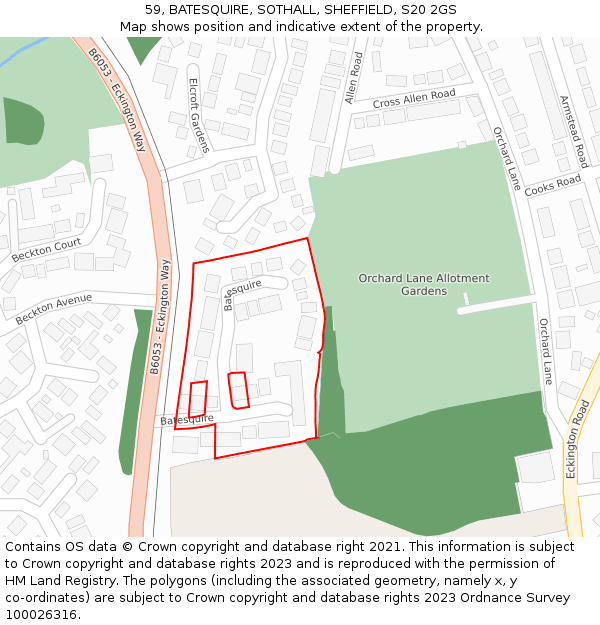 59, BATESQUIRE, SOTHALL, SHEFFIELD, S20 2GS: Location map and indicative extent of plot