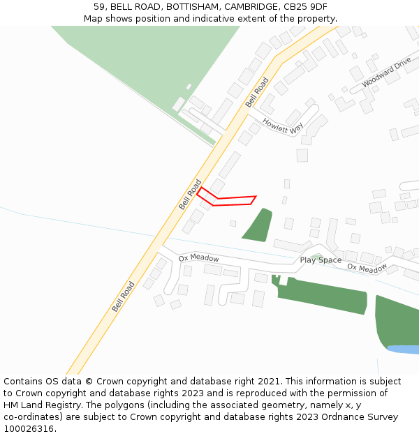 59, BELL ROAD, BOTTISHAM, CAMBRIDGE, CB25 9DF: Location map and indicative extent of plot