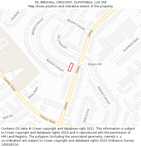 59, BIBSHALL CRESCENT, DUNSTABLE, LU6 3NF: Location map and indicative extent of plot