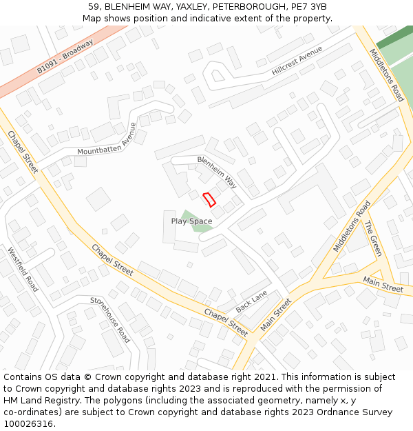 59, BLENHEIM WAY, YAXLEY, PETERBOROUGH, PE7 3YB: Location map and indicative extent of plot