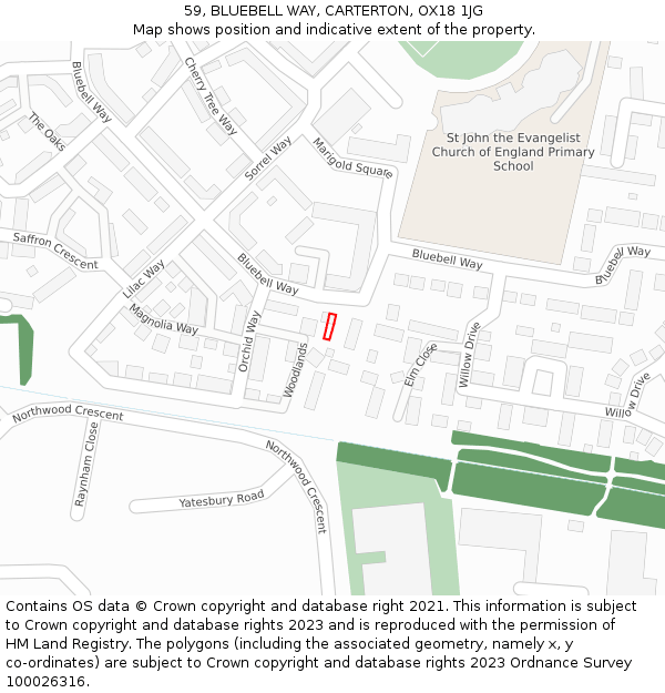 59, BLUEBELL WAY, CARTERTON, OX18 1JG: Location map and indicative extent of plot