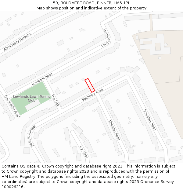 59, BOLDMERE ROAD, PINNER, HA5 1PL: Location map and indicative extent of plot