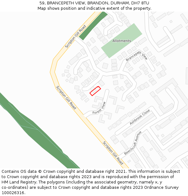 59, BRANCEPETH VIEW, BRANDON, DURHAM, DH7 8TU: Location map and indicative extent of plot