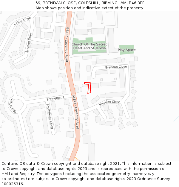 59, BRENDAN CLOSE, COLESHILL, BIRMINGHAM, B46 3EF: Location map and indicative extent of plot