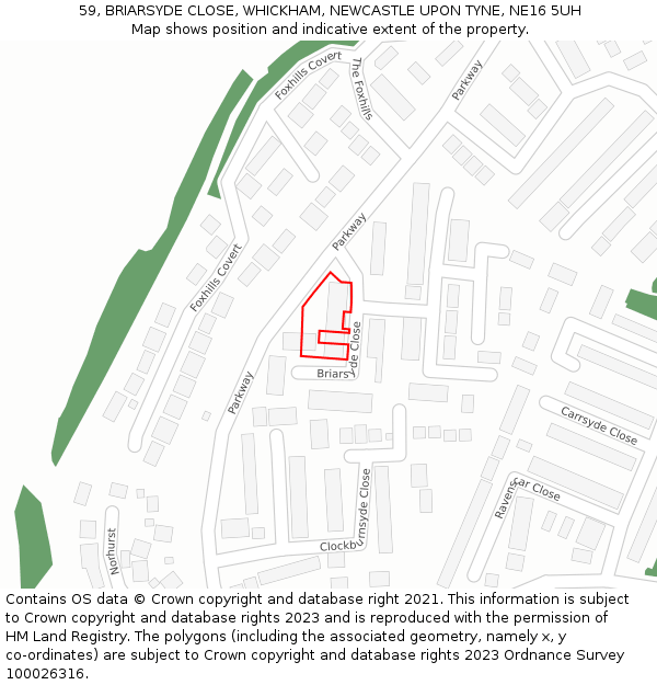 59, BRIARSYDE CLOSE, WHICKHAM, NEWCASTLE UPON TYNE, NE16 5UH: Location map and indicative extent of plot