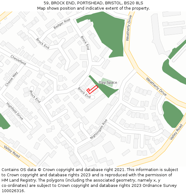59, BROCK END, PORTISHEAD, BRISTOL, BS20 8LS: Location map and indicative extent of plot