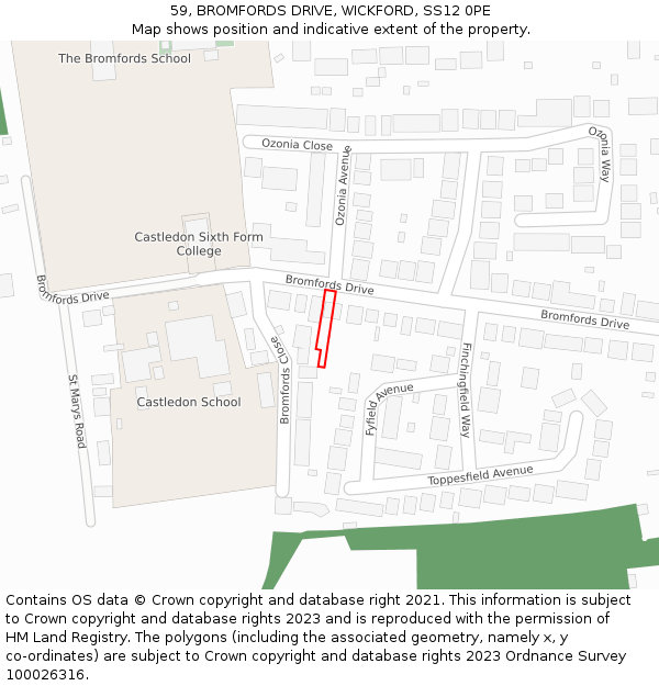 59, BROMFORDS DRIVE, WICKFORD, SS12 0PE: Location map and indicative extent of plot