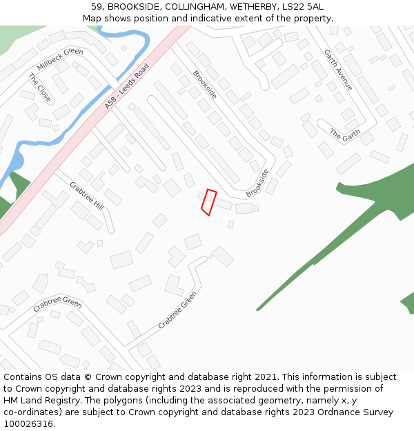 59, BROOKSIDE, COLLINGHAM, WETHERBY, LS22 5AL: Location map and indicative extent of plot