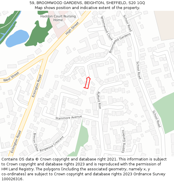 59, BROOMWOOD GARDENS, BEIGHTON, SHEFFIELD, S20 1GQ: Location map and indicative extent of plot