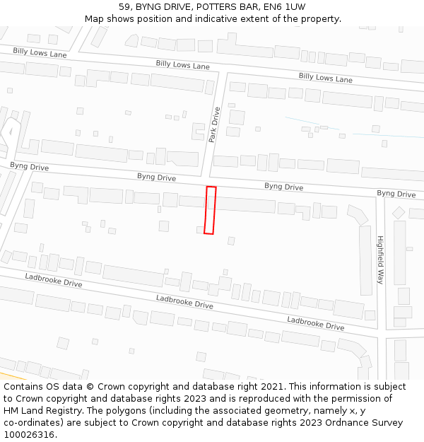 59, BYNG DRIVE, POTTERS BAR, EN6 1UW: Location map and indicative extent of plot