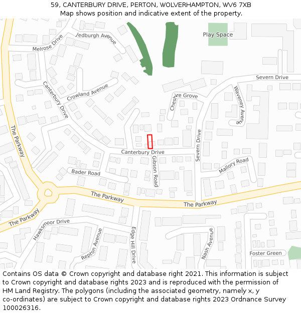 59, CANTERBURY DRIVE, PERTON, WOLVERHAMPTON, WV6 7XB: Location map and indicative extent of plot