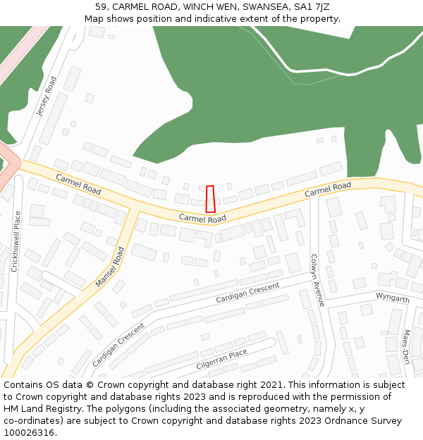 59, CARMEL ROAD, WINCH WEN, SWANSEA, SA1 7JZ: Location map and indicative extent of plot