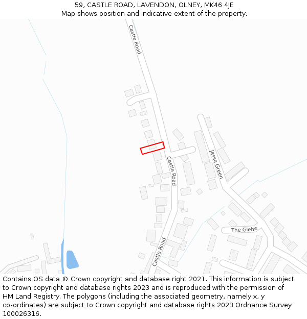 59, CASTLE ROAD, LAVENDON, OLNEY, MK46 4JE: Location map and indicative extent of plot