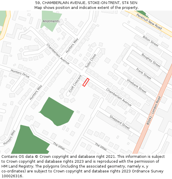 59, CHAMBERLAIN AVENUE, STOKE-ON-TRENT, ST4 5EN: Location map and indicative extent of plot