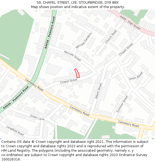 59, CHAPEL STREET, LYE, STOURBRIDGE, DY9 8BX: Location map and indicative extent of plot