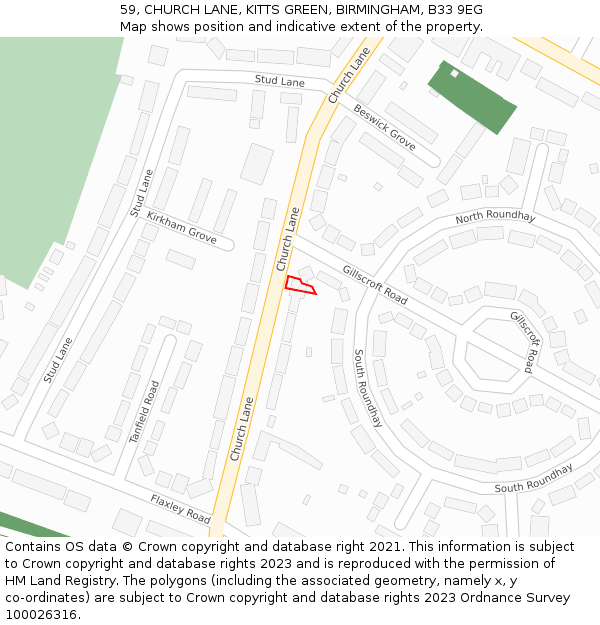 59, CHURCH LANE, KITTS GREEN, BIRMINGHAM, B33 9EG: Location map and indicative extent of plot