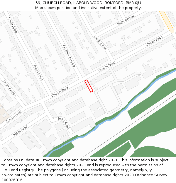 59, CHURCH ROAD, HAROLD WOOD, ROMFORD, RM3 0JU: Location map and indicative extent of plot