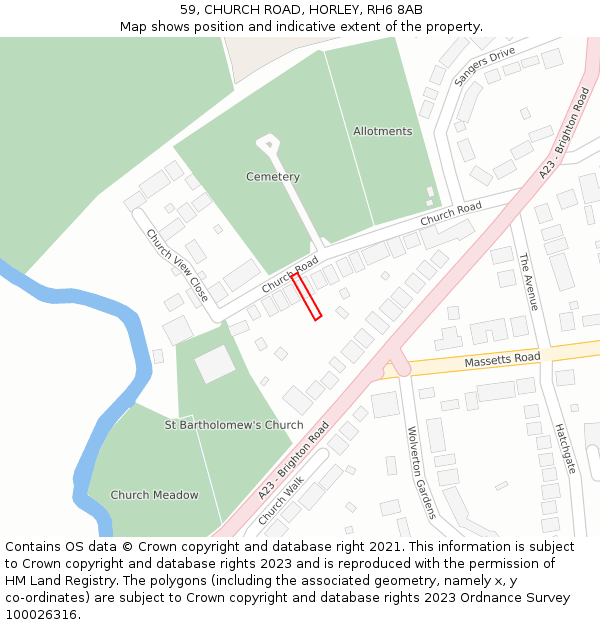 59, CHURCH ROAD, HORLEY, RH6 8AB: Location map and indicative extent of plot