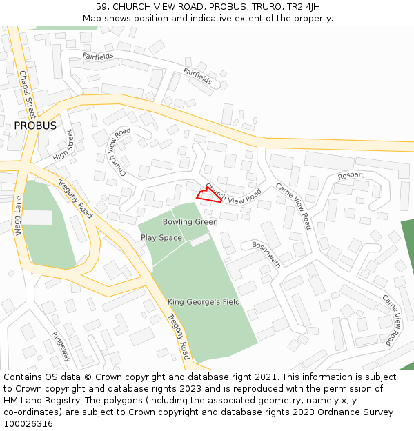 59, CHURCH VIEW ROAD, PROBUS, TRURO, TR2 4JH: Location map and indicative extent of plot