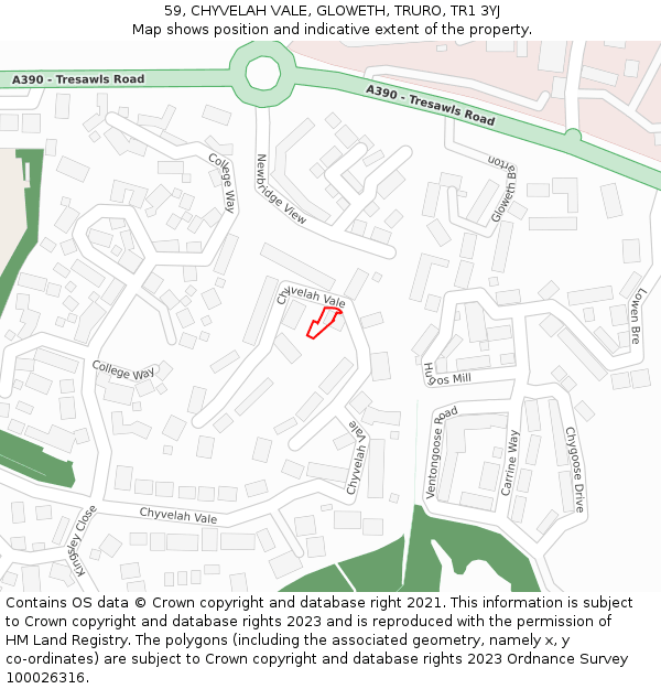 59, CHYVELAH VALE, GLOWETH, TRURO, TR1 3YJ: Location map and indicative extent of plot