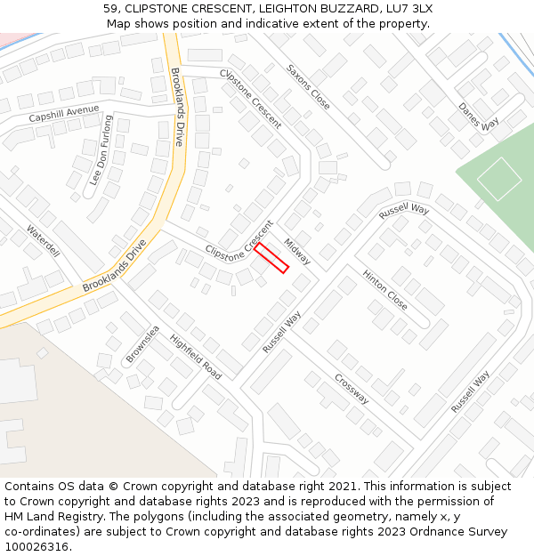 59, CLIPSTONE CRESCENT, LEIGHTON BUZZARD, LU7 3LX: Location map and indicative extent of plot