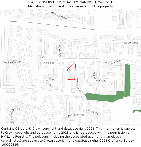 59, CLONNERS FIELD, STAPELEY, NANTWICH, CW5 7GU: Location map and indicative extent of plot