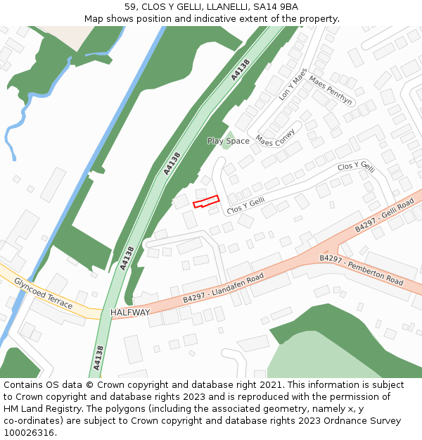 59, CLOS Y GELLI, LLANELLI, SA14 9BA: Location map and indicative extent of plot
