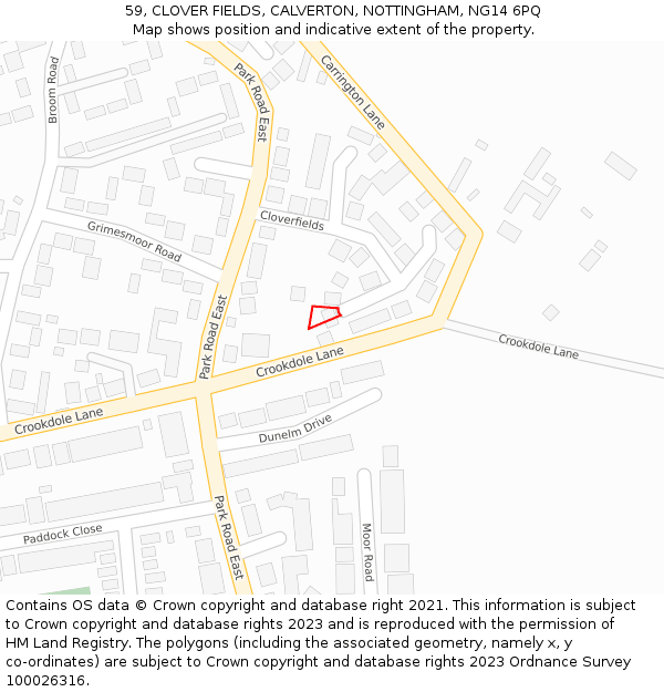 59, CLOVER FIELDS, CALVERTON, NOTTINGHAM, NG14 6PQ: Location map and indicative extent of plot