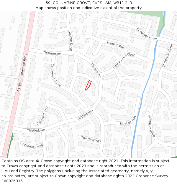 59, COLUMBINE GROVE, EVESHAM, WR11 2LR: Location map and indicative extent of plot