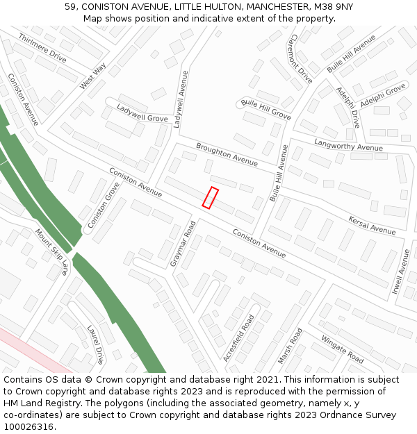 59, CONISTON AVENUE, LITTLE HULTON, MANCHESTER, M38 9NY: Location map and indicative extent of plot